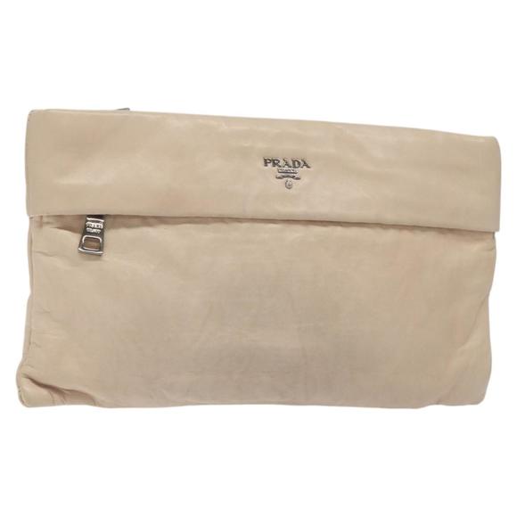 PRADA Clutch Bag Leather Beige Silver Auth 126933